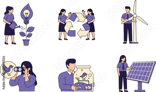 Six icons illustrating environmental themes nurturing an idea plant recycling wind energy bird watching preserving nature in a jar and solar power