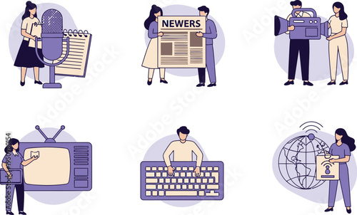 Six icons depicting various aspects of journalism and media production