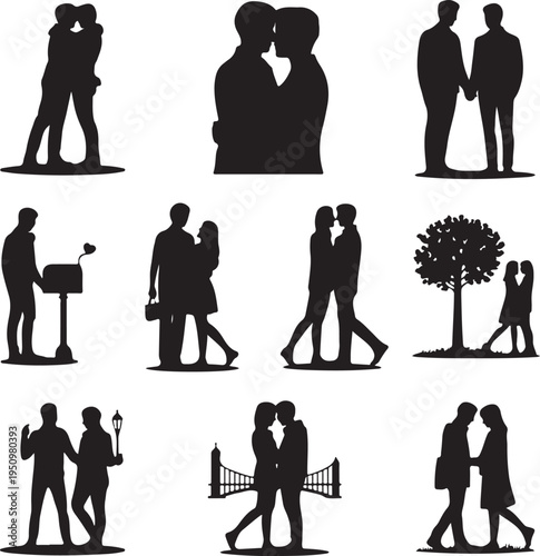 black silhouettes of couples in love on white background