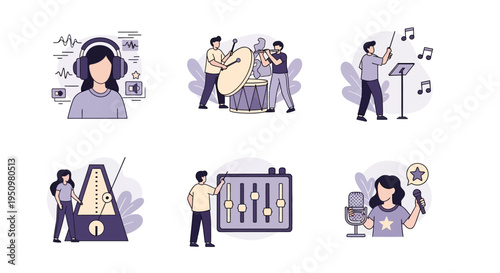 Six illustrations depicting various musicrelated activities and tools