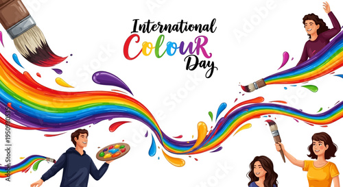 Illustration of people celebrating International Colour Day with colorful paint and brushes on a white background.