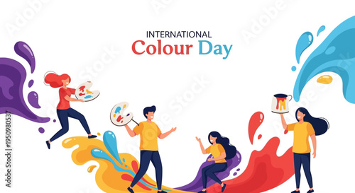 Illustration of people celebrating International Colour Day with colorful paint splatters and vibrant designs in a lively, creative scene.