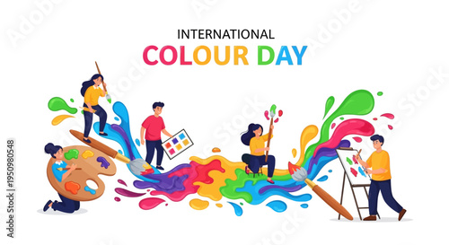Vector illustration of people celebrating International Colour Day with colorful paint splatters and design elements on a white background.