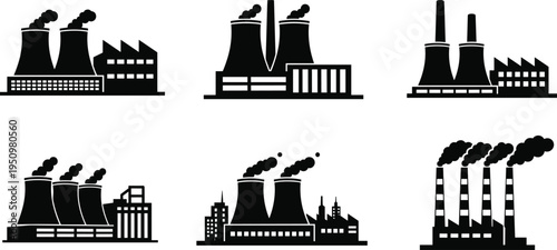 Power plant and factory silhouettes set with cooling towers and smoke stacks representing energy production, industrial pollution, electricity generation and heavy industry isolated on white