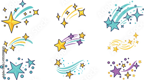 Colorful Shooting Star and Sparkle Collection with Magical Twinkle Effects for Fantasy Designs, Celebration Graphics, Party Decorations, and Creative Illustrations.