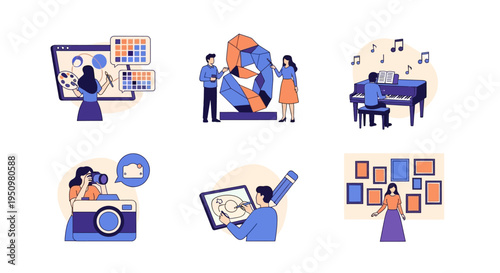 Six illustrations depicting visual arts music and photography activities