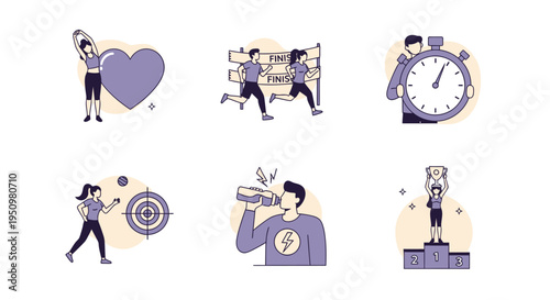 Six purple and tan flat icons depicting exercise running timing accuracy hydration and winning