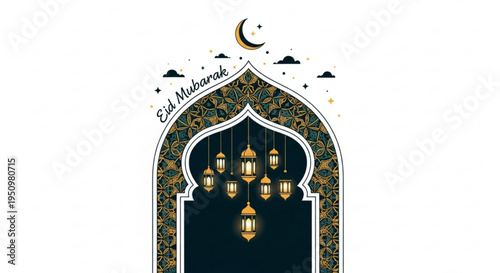 Eid mubarak islamic arch with lanterns and crescent moon on white background for ramadan celebrations and greetings