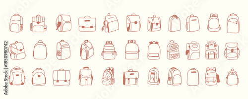 Set of Hand Drawn Backpacks and School Bags Vector Illustration Collection
