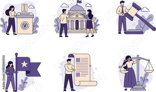 Six vignettes depicting civic actions voting government building judge with gavel flag scrolling document and scales of justice