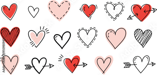 Hand Drawn Valentine Heart Icon Collection with Arrows, Doodle Love Symbols, and Romantic Sketch Shapes for Greeting Cards, Stickers, and Wedding Designs.