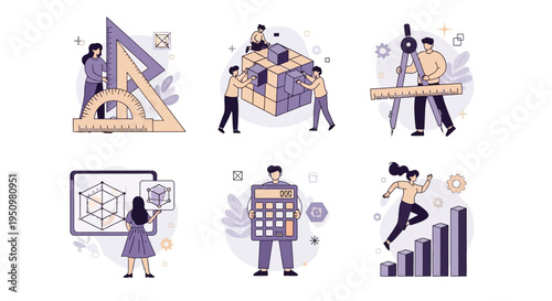 Six vignettes illustrating geometry construction calculation and progress