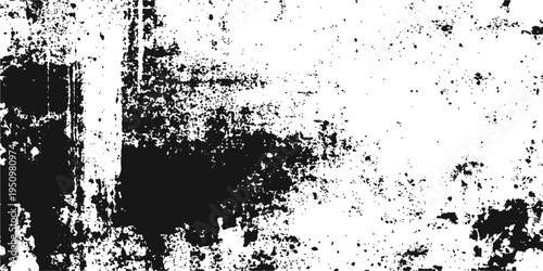 Abstract distressed grunge overlay texture features a black and white weathered pattern, showcasing a rustic and vintage aesthetic.