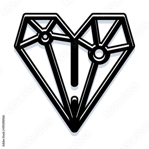 Geometric heart shaped brilliant cut diamond illustration in minimal line art with subtle shadow on white background, symbolizing love, luxury, romance, and lasting commitment