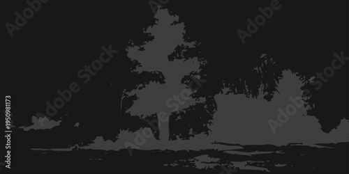 Abstract an ethereal black and gray landscape depicting a silhouetted tree set against a background of foliage, shrouded in the mystique of night. 