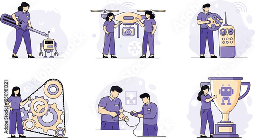 Six vignettes showing people working with robotics mechanics and electronics