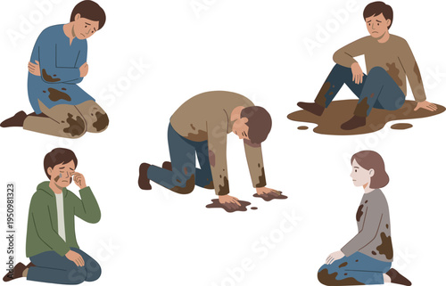 Exhausted muddy disaster victims kneeling and crying in dirt, humanitarian crisis poverty struggle concept illustration, suffering survivors vector set