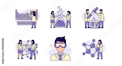 Six vignettes showing scientists interacting with chemistry equipment and structures