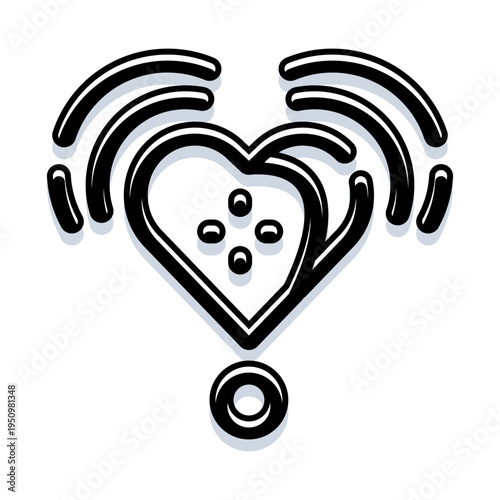 Heart shaped icon with four internal dots and radiating wireless waves on both sides, blending health and communication technology for telehealth, monitoring, and connected care