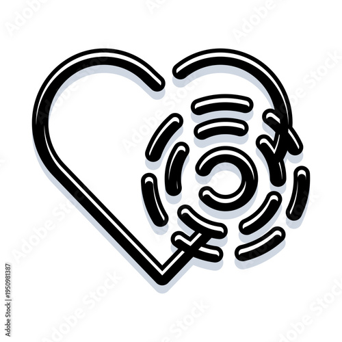 Heart shaped icon with an inner labyrinth, black and white graphic symbolizing the complex, winding journey of love, emotions, relationships and discovery