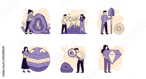 Sixpanel illustration detailing geology concepts with purple and beige tones