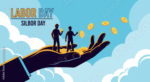 Labor day silbor day poster with hand holding people and coins