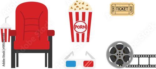 Cinema Movie Theater Icon Collection Featuring Red Theater Seat, Popcorn, Ticket, 3D Glasses, Film Reel, and Soda Drink for Entertainment and Film Designs.