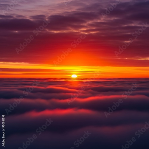 Brilliant sun setting above a thick layer of dense clouds during twilight