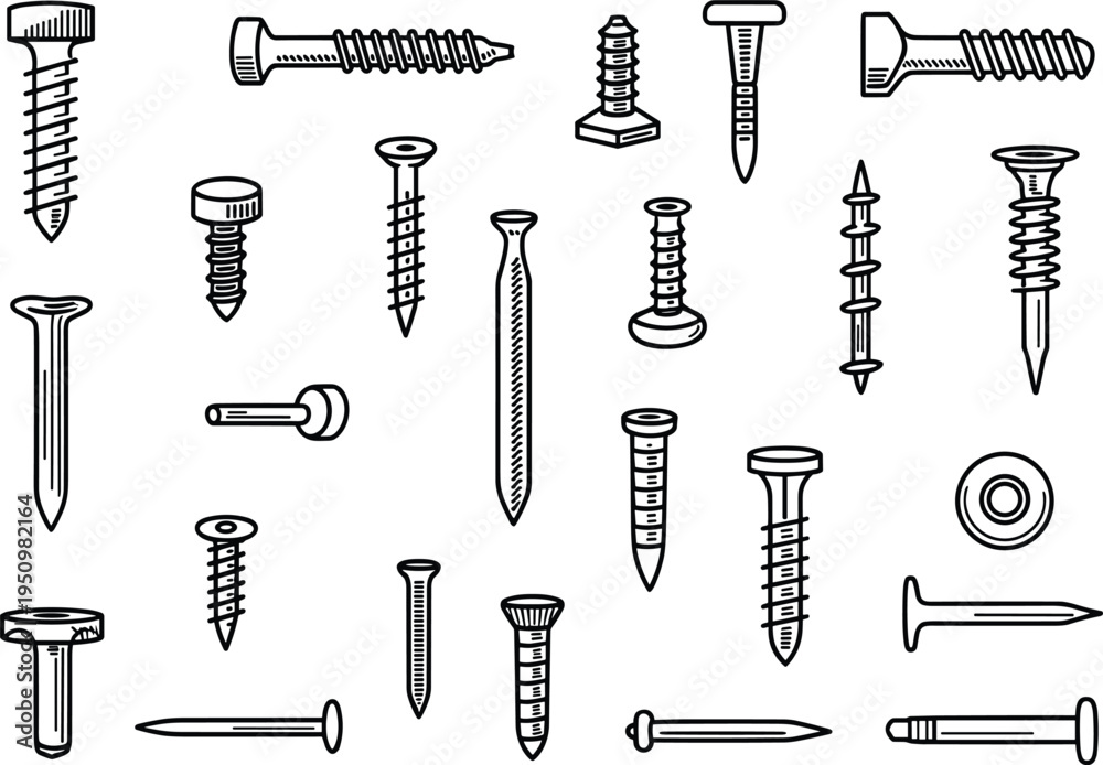 Fototapeta premium Set of screws and nails illustration with various hardware fasteners, construction tools collection in outline style isolated on light background design