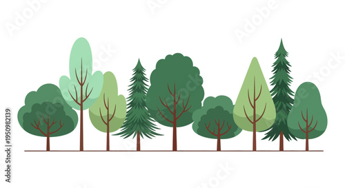 A diverse group of trees with varying shapes and sizes in a stylized illustration