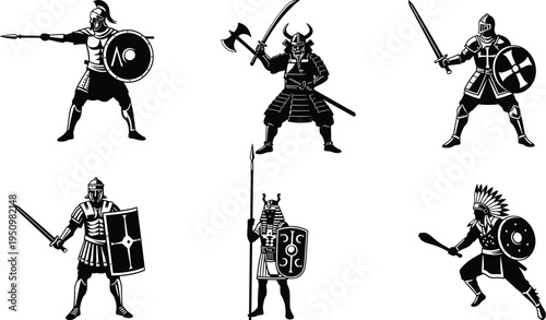 Collection of ancient warriors silhouettes with swords shields and armor, historical soldiers illustration set in black isolated on light background design