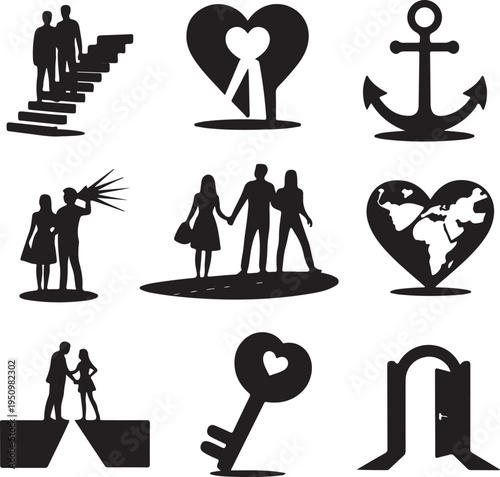 black silhouettes of love relationships and travel icons