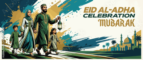 Eid Adha Family Celebration Festive Banner with Mosque and Lantern