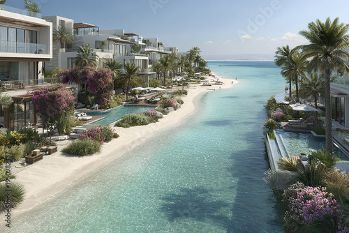 Modern luxury coastal property development with private pools, sandy beach, palm trees, and clear turquoise water under bright sky, creating serene and inviting atmosphere