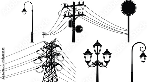 Street light poles and power line silhouettes set featuring electric transmission towers, utility poles, urban lighting fixtures and infrastructure elements isolated on white background