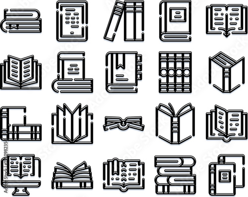 Books, education, literature, and digital reading icons set for learning, studying, archiving information, and accessing knowledge through various formats