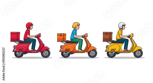 Three delivery riders on scooters with packages
