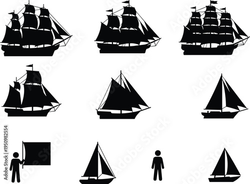 Sailing ships silhouettes collection with vintage boats and yachts, nautical maritime transport icons set isolated on light background illustration design