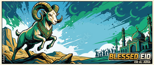 Ram Leaps over Rocks with a Mosque and Crescent Moons in the Background