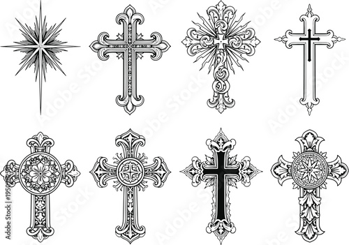 Ornate cross collection with vintage religious symbols and decorative elements, Christian faith illustration set in detailed line art isolated background