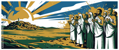 Pilgrims Praying Near Mount Arafat in a Peaceful Spiritual Islamic Worship