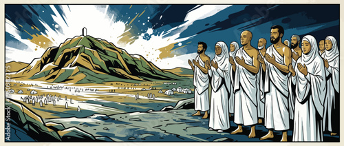 Pilgrims Praying Near Mount Arafat During Day of Arafah Islamic Spiritual Design