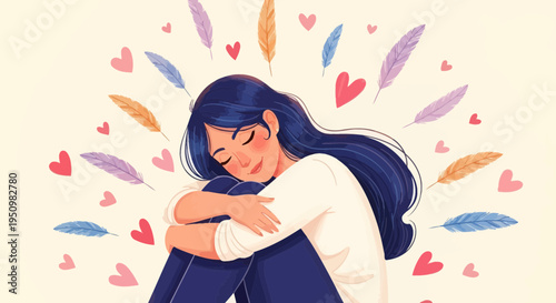 A woman with long blue hair sitting in a peaceful embrace surrounded by colorful feathers and hearts