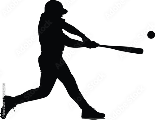 Baseball Player Silhouette Icon Mid-Swing with Bat and Helmet, Capturing Dynamic Motion and Ball Contact for Sports Design