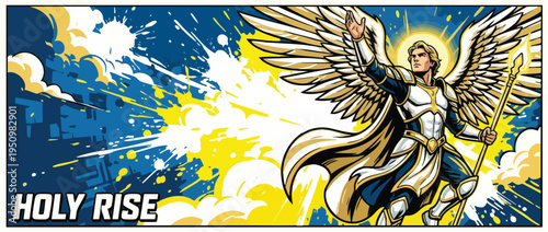Angel in Dynamic Heroic Ascension Day Pose with Golden Wings and Staff