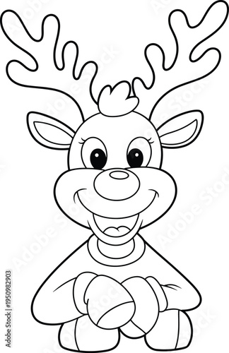 Cartoon Reindeer Silhouette Icon Sitting Upright with Antlers and Expressive Eyes for Holiday and Christmas Coloring Page Design