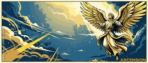 Divine Angel Ascension to Heaven Amidst Golden Clouds and Sky