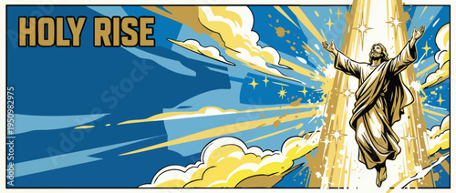 Jesus Christ Ascension Day Dynamic Heroic Pose with Light Rays Illustration