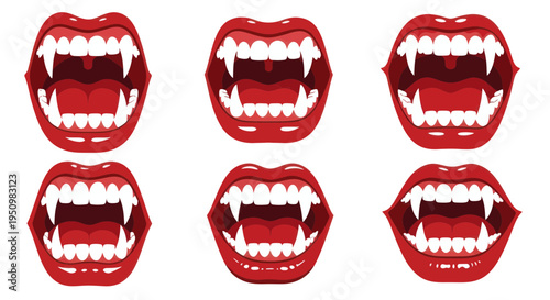 Six Red Vampire Mouths with Sharp Fangs