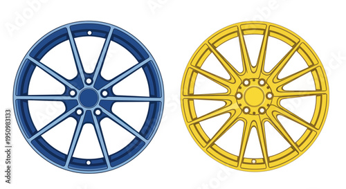 Two Alloy Wheels: Blue and Yellow Sports Car Rims